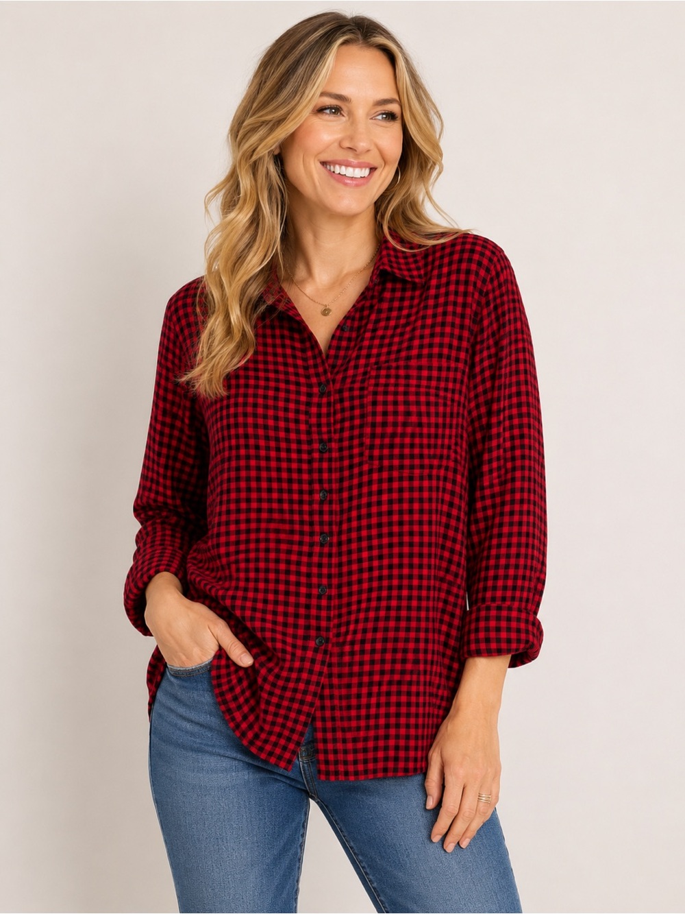 Old Navy Red Black Gingham Button Up Shirt Lightweight Casual Long Sleeve Large